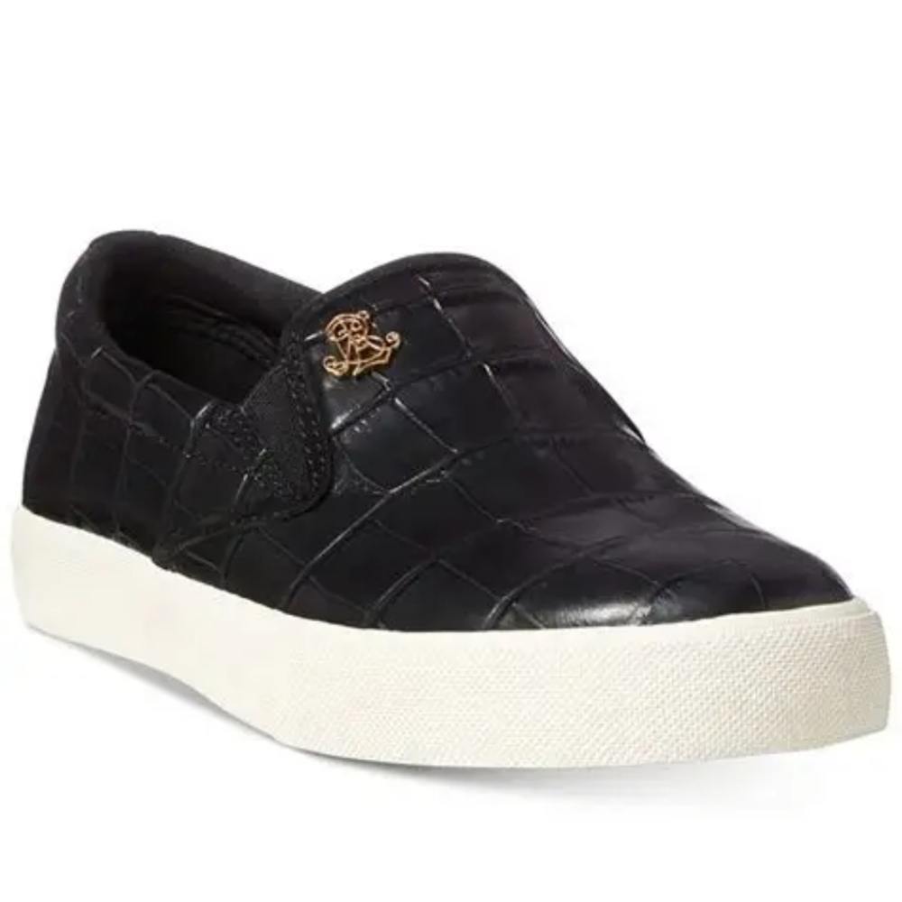 Lauren Ralph Lauren Black Croc-Embossed Slip-On Sneakers with White Sole